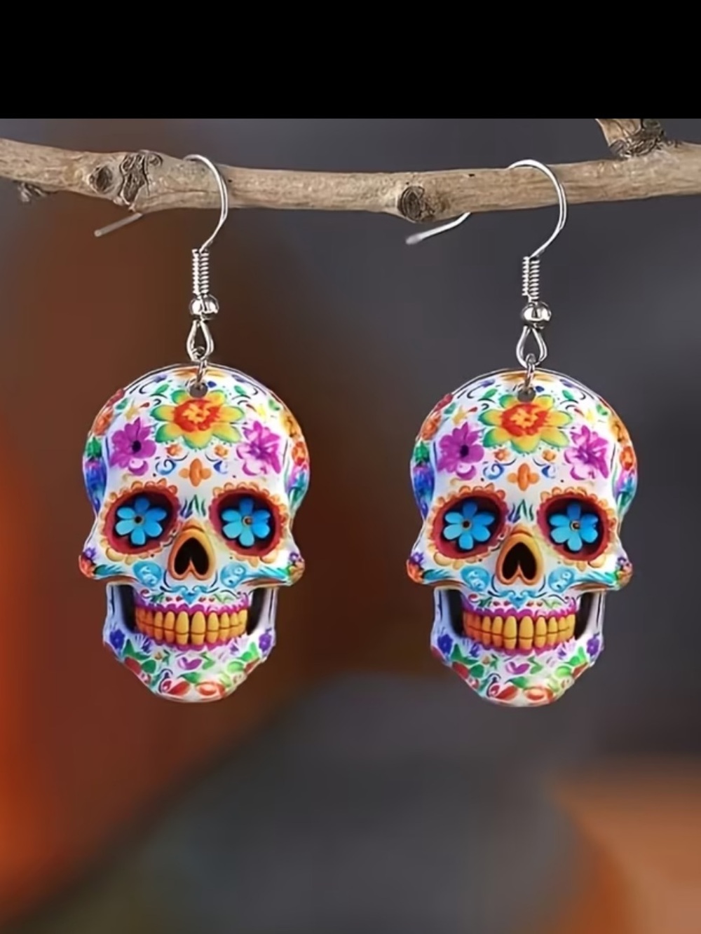 Colorful Sugar Skull Drop Earrings - Floral Multicolor Women Jewelry